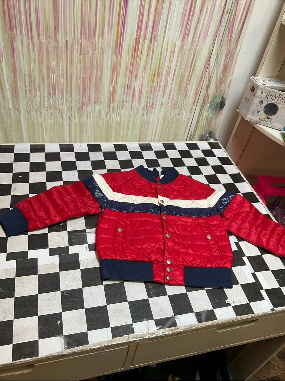 Moncler Red Puffer Jacket with Navy Trim